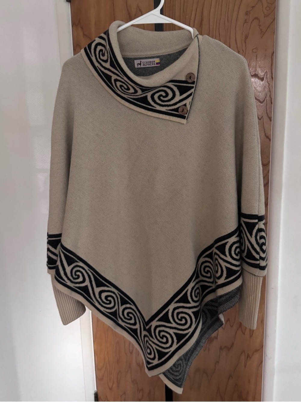 Ecuador Alpacas Women’s Cream Knit Poncho Sweater with Black Scroll Trim